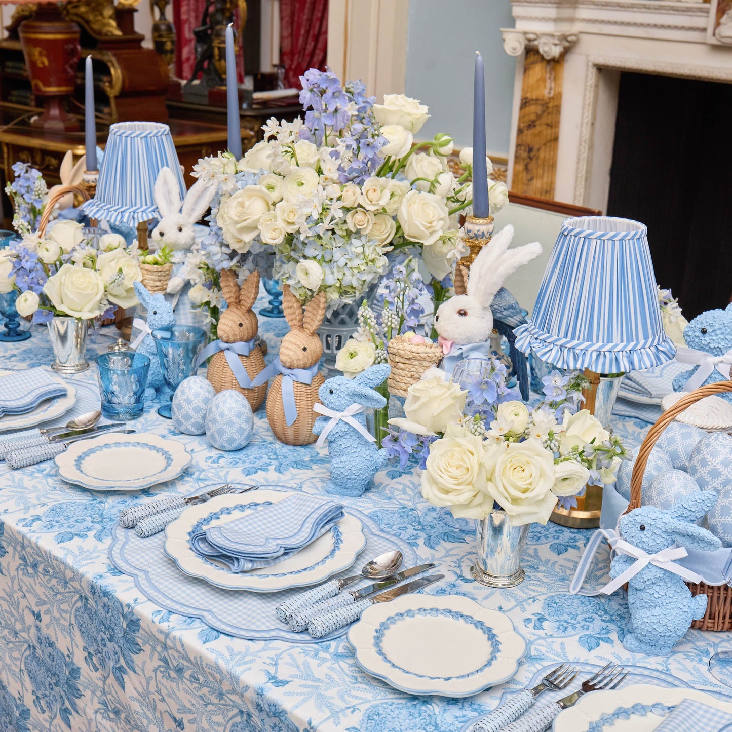 Rattan Bunny with Blue Bow (Pair)