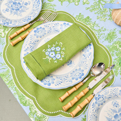 Green Eloise Linen Placemats & Floral Embroidered Napkins (Set of 4)