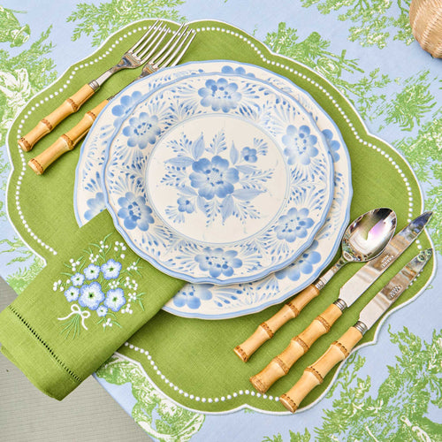 Green Eloise Linen Placemats & Floral Embroidered Napkins (Set of 4)