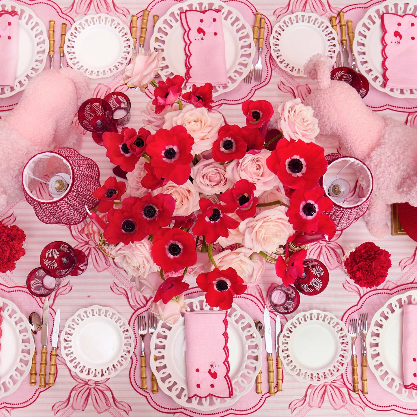 Pink & Red Eloise Linen Placemats & Fifi Poodle Napkins (Set of 4)