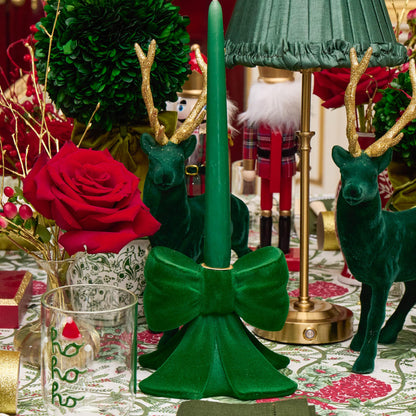 Green Velvet Bow Candle Holders (Pair)