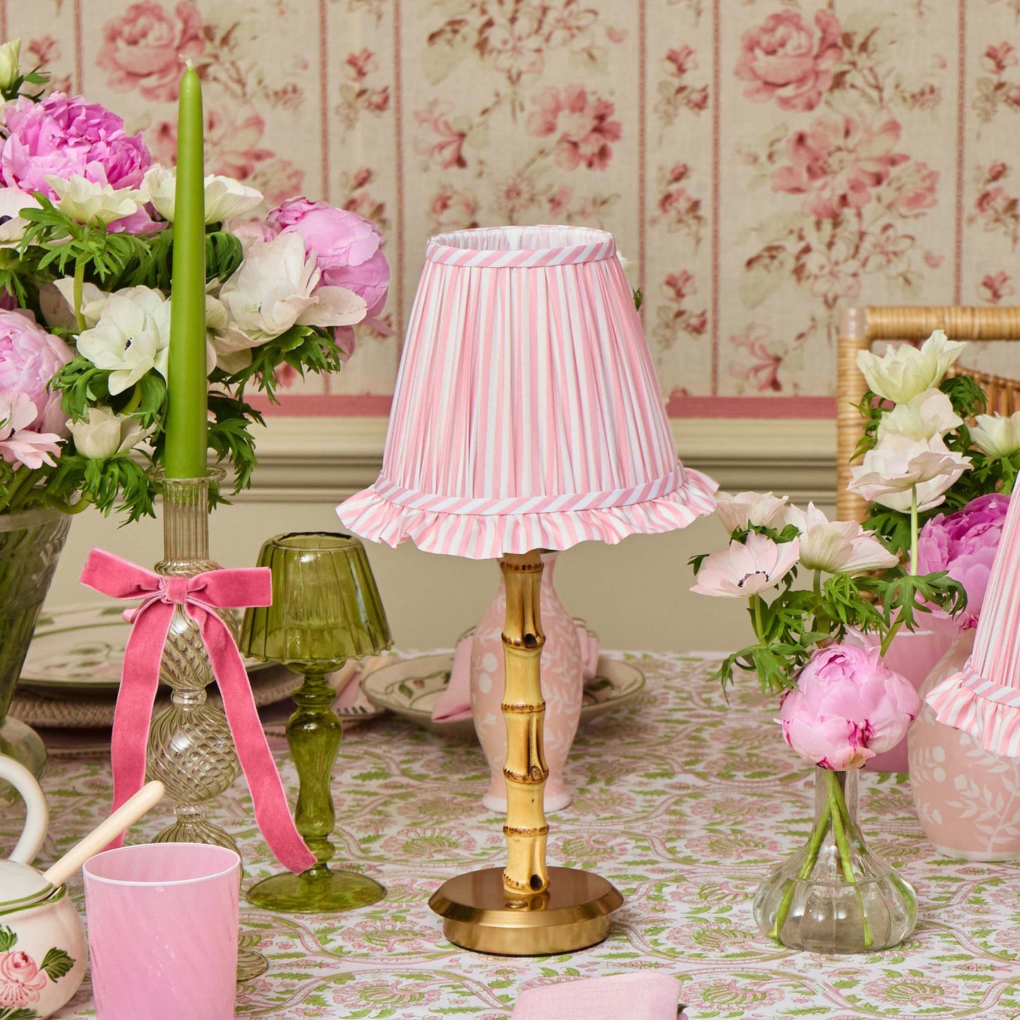 Bamboo Rechargeable Lamp with Pink Stripe Ruffle Shade (18cm)