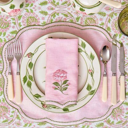 Pink & Green Eloise Linen Placemats & Rose Bud Napkins (Set of 4)