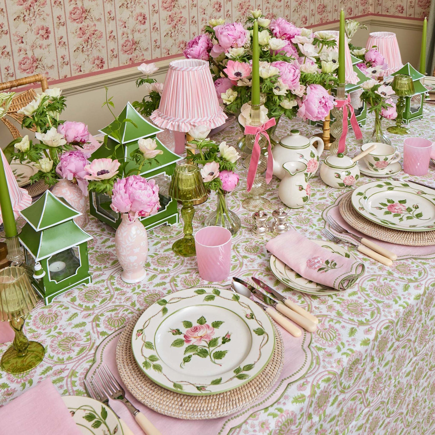 Pink & Green Eloise Linen Placemats & Rose Bud Napkins (Set of 4)