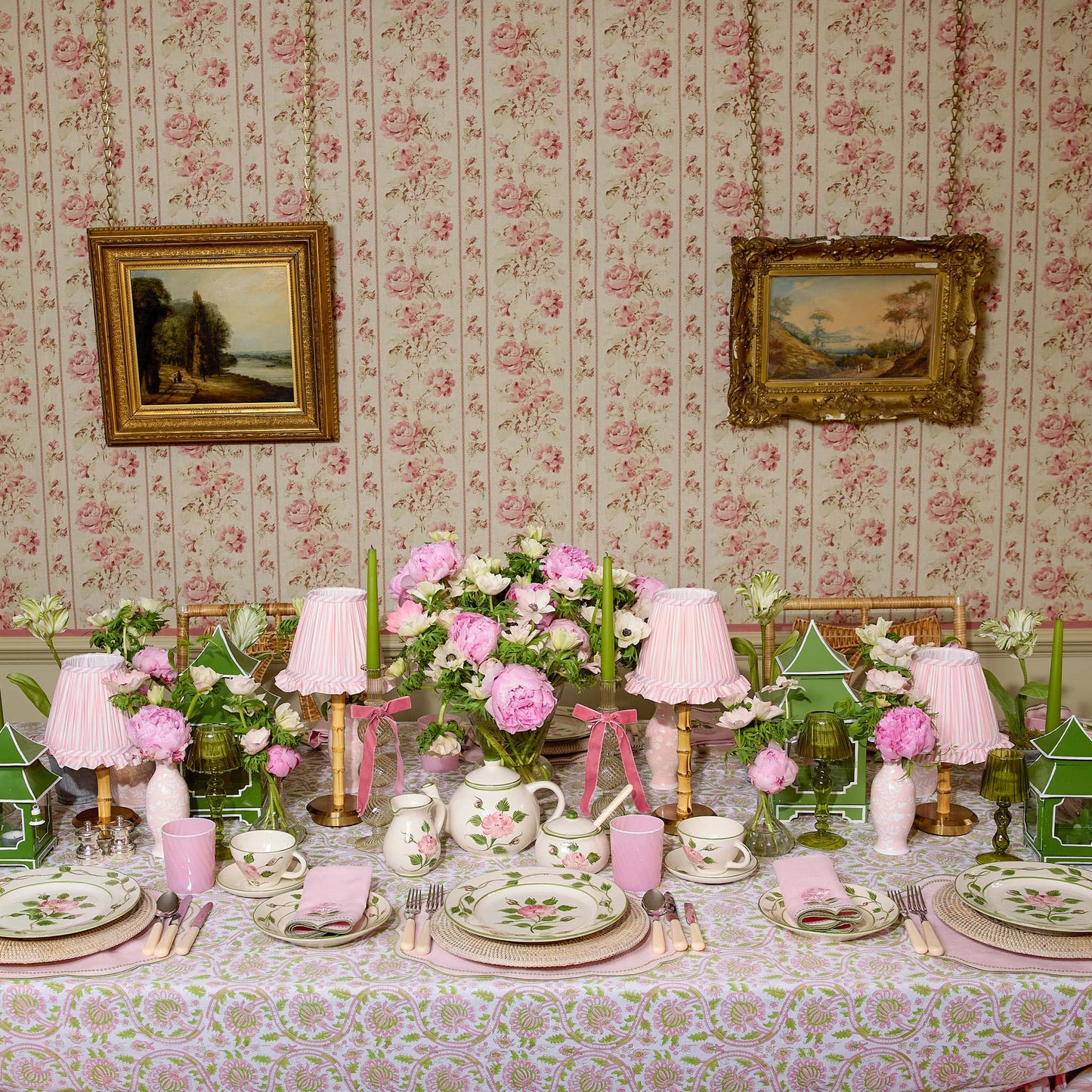 Pink & Green Eloise Linen Placemats & Rose Bud Napkins (Set of 4)