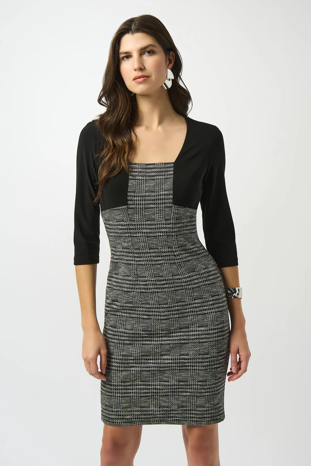 Joseph Ribkoff Black/White Plaid Print 3/4 Sleeves Sheath Dress 253184