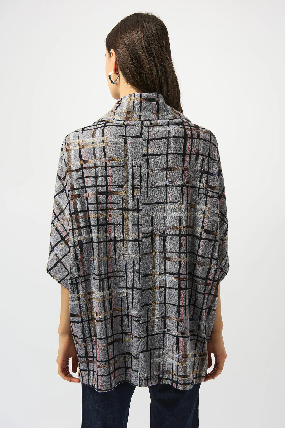 Joseph Ribkoff Grey/Multi Plaid Print Zipped Collar Sweater Top 253058