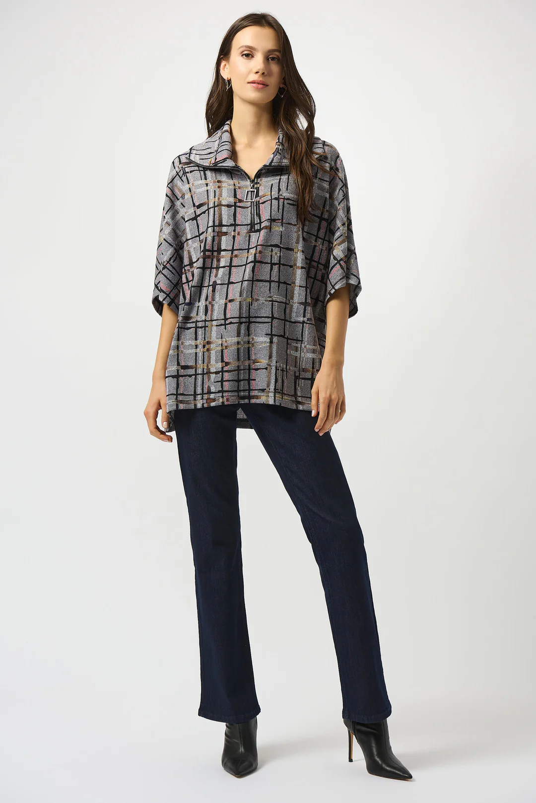 Joseph Ribkoff Grey/Multi Plaid Print Zipped Collar Sweater Top 253058