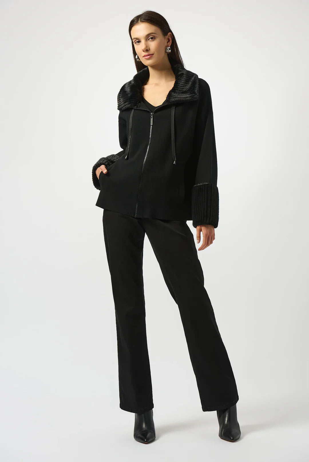 Joseph Ribkoff Sweater Knit Fur Trim Long Sleeve Jacket 253905