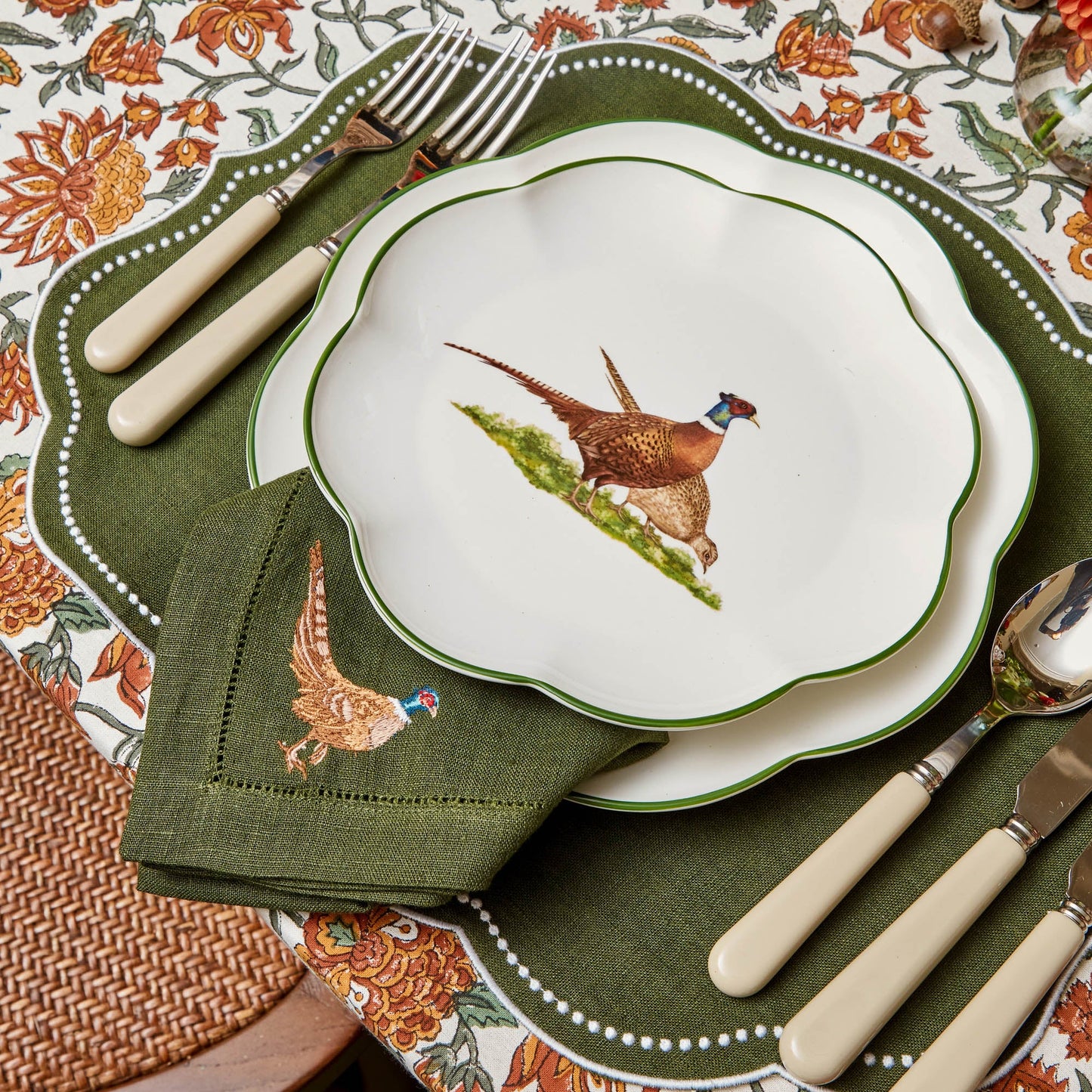 Forest Green Pheasant Linen Napkins (Set of 4)