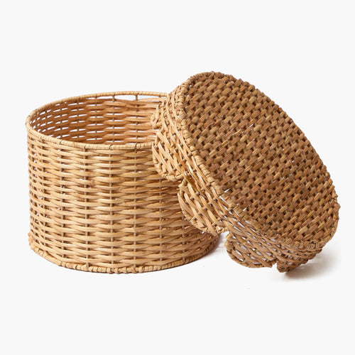 Scalloped Round Lidded Rattan Box - Small