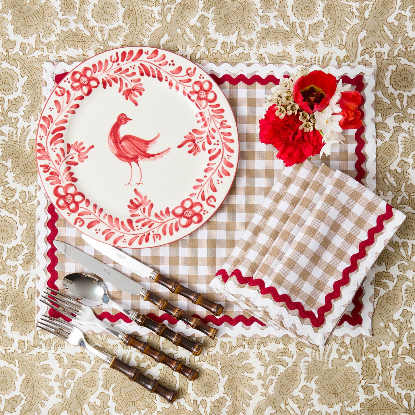 Putty Gingham & Red Rossina Placemats & Napkins (Set of 4)