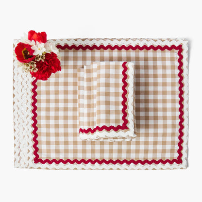 Putty Gingham & Red Rossina Placemats & Napkins (Set of 4)