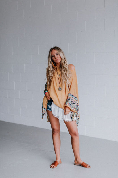 Fallon Embroidered Sleeve Poncho - Mustard