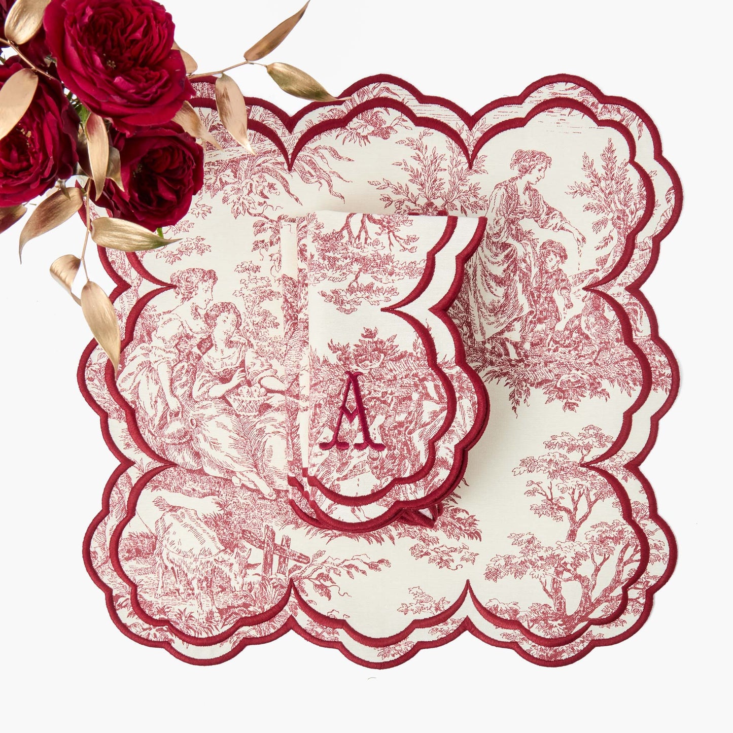 Burgundy Claudette Toile Placemats & Napkins (Set of 4)