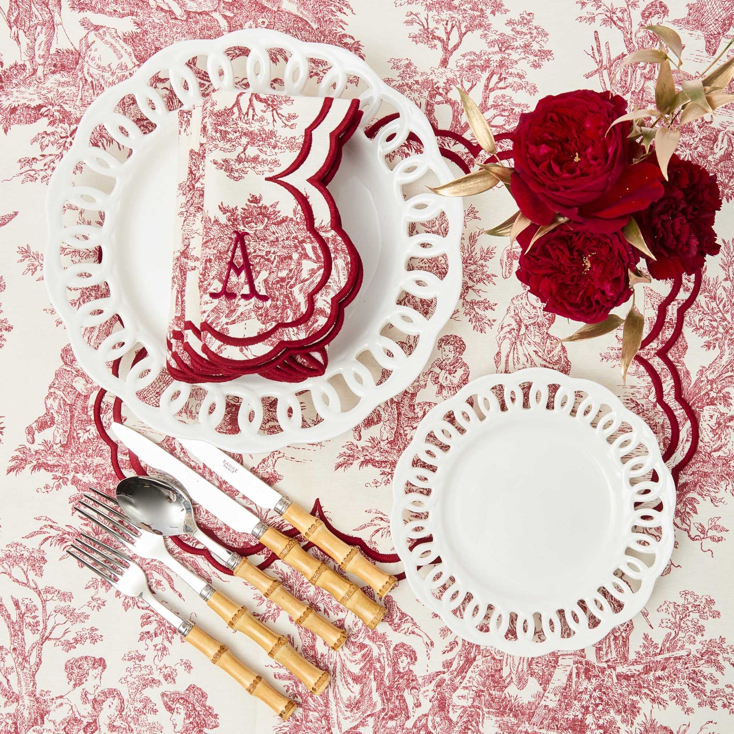 Burgundy Claudette Toile Placemats & Napkins (Set of 4)