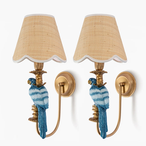 Pair of Blue Parrot Rechargeable Wall Lights with Grasscloth Shades (18cm)