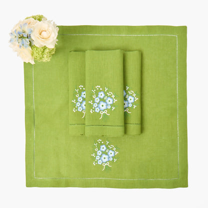 Green Eloise Linen Placemats & Floral Embroidered Napkins (Set of 4)