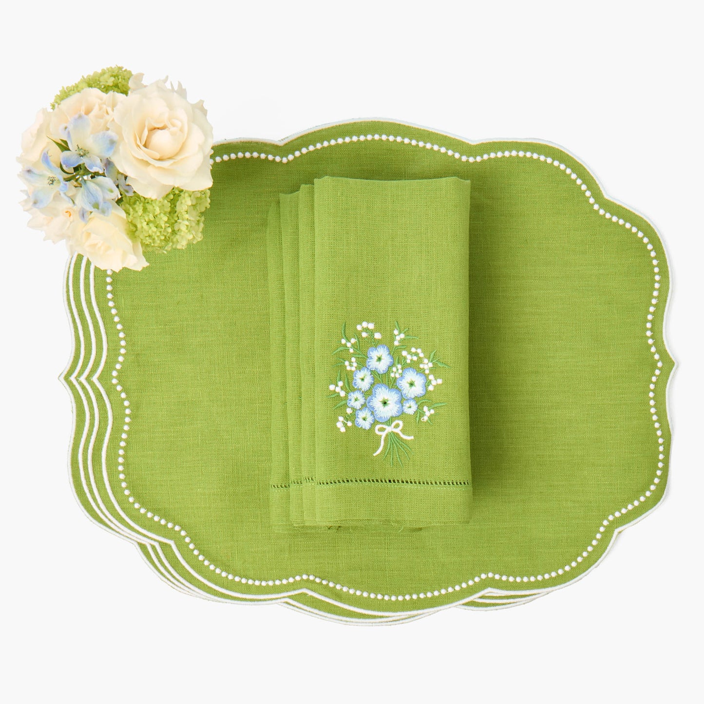Green Eloise Linen Placemats & Floral Embroidered Napkins (Set of 4)