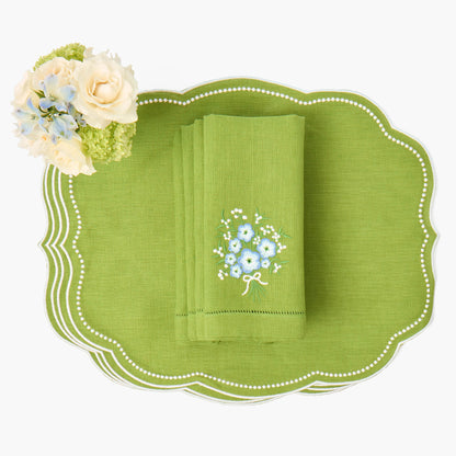 Green Floral Embroidered Linen Napkins (Set of 4)