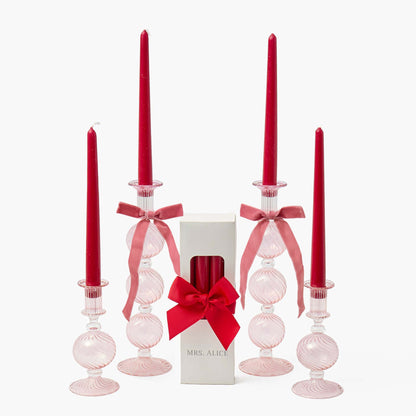 Red Ribboned Camille Peony Candle Holder Set