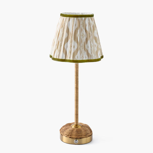 Rattan Ida Rechargeable Lamp with Putty & Green Ikat Shade (18cm)